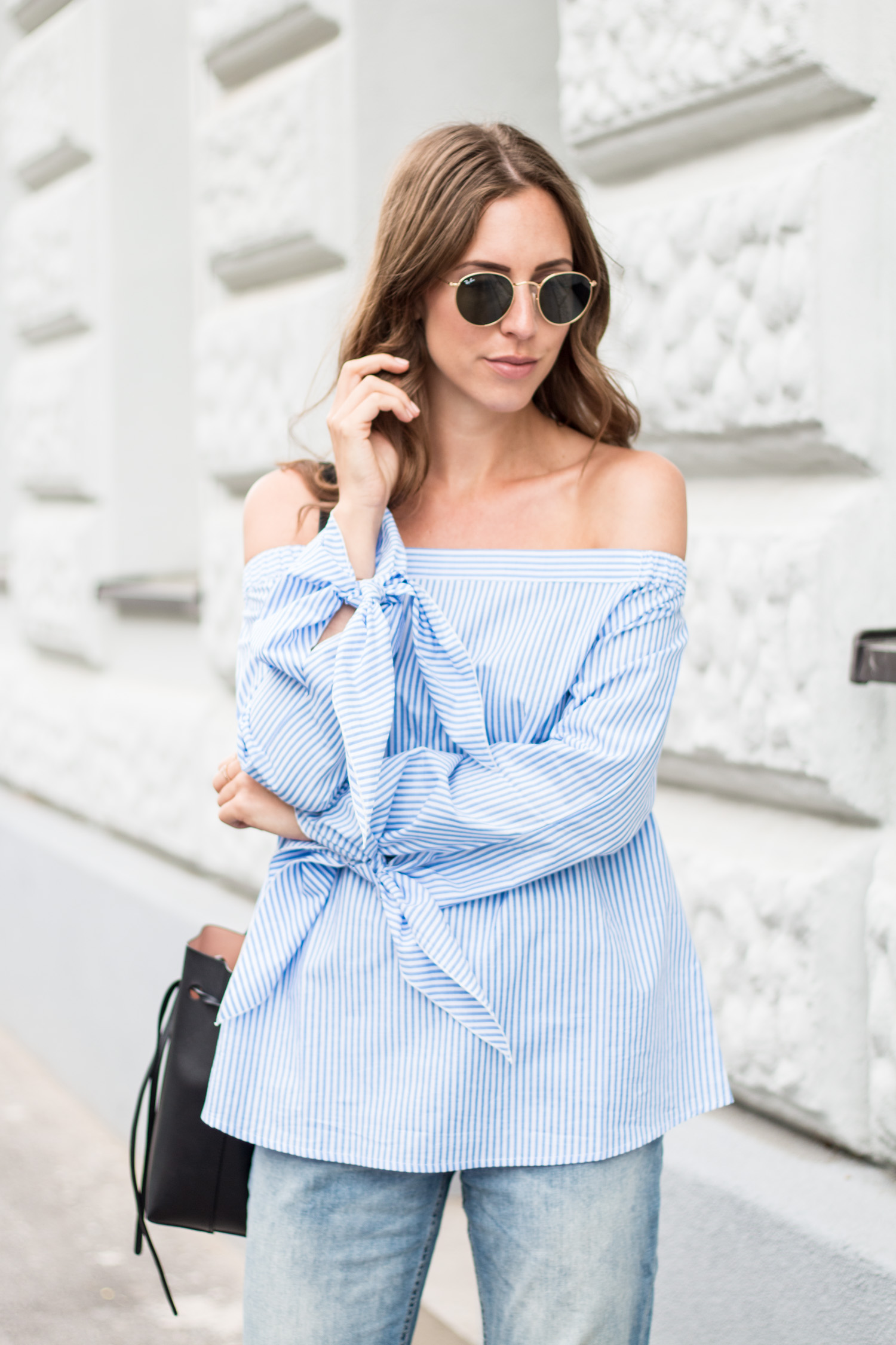 Striped Off Shoulder Top, Ripped Jeans, Birkenstocks