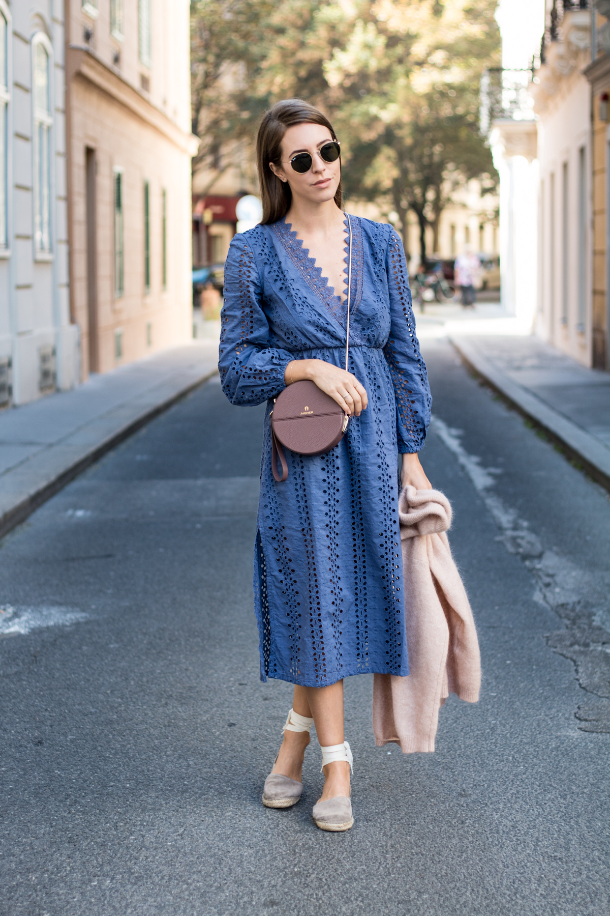 Bardot Alexa Blue Maxi Dress, Acne Dramatic Mohair Sweater in Pink